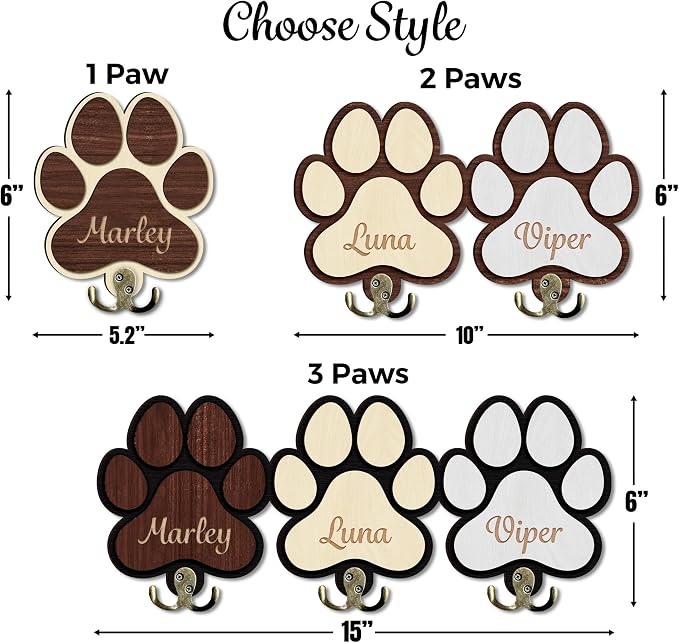 Personalized Dog Leash Holder, Custom Dog Paw Harness Wall Hanger Organizer with Name, Decorative Hooks for Leashes, Keys, Collars, Leash Rack Wall Mount for Entryway, Hallway, Gift for Pet Lovers