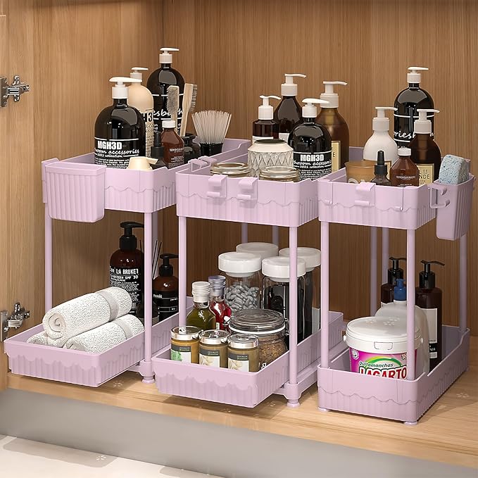 3-Pack 2-Tier Under Sink Organizers with Sliding Drawers | Multi-use kitchen & bathroom storage, 12.8 inch pink cabinet organizer, space-saving sliding drawer design.