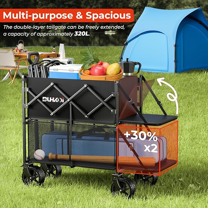 Double Decker Collapsible Wagon with Brakes,Compact with Tailgate | Big All-Terrain Wheels , 2-Tier for Camping Gear, Sports, Groceries, Shopping, Garden & Outdoor Use Black
