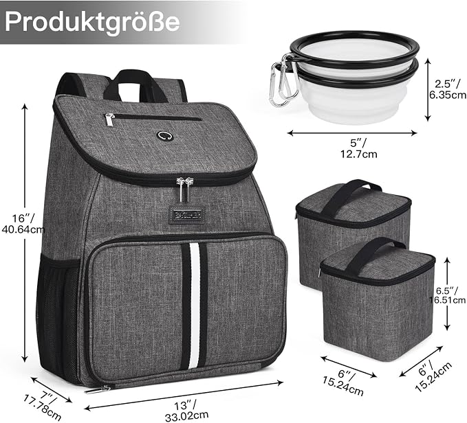 BAGLHER丨Dog Travel Bag, Airline Approved Pet Supplies Backpack, Dog Travel Backpack Accessories Set with 2 Silicone Collapsible Bowls and 2 Food Baskets, Gray