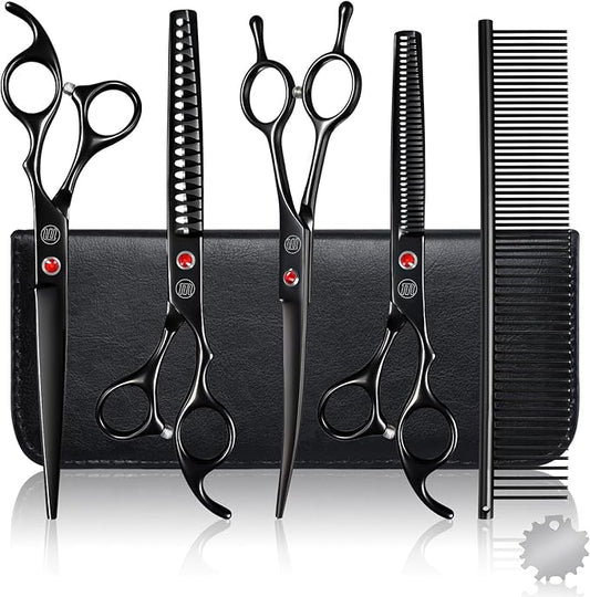 Professional Dog Grooming Scissors Set, 7 Inch/8 Inch Pet Grooming Scissors Chunkers Shears for Dog, Curved Dog Grooming Scissors, Thinning Shears for Dog with Grooming Comb