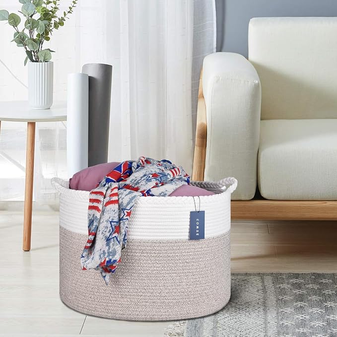 COMSE XXXLarge Woven Blanket & Laundry Basket, 87L, White & Light Brown | 21.7" x 13.8", Cotton Rope, Nursery Hamper for Storage of Toys Clothes Towels, Ideal for Living Room Bedroom Bathroom