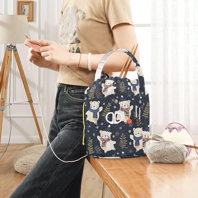 Fustylead Xmas Happy Bears Over Blue Plaid Checked Yarn Storage Bag and Knitting Crochet Tote, Large Yarn Drawstring Basket for Crocheting Kit, Project, Sewing Supplies, Needles