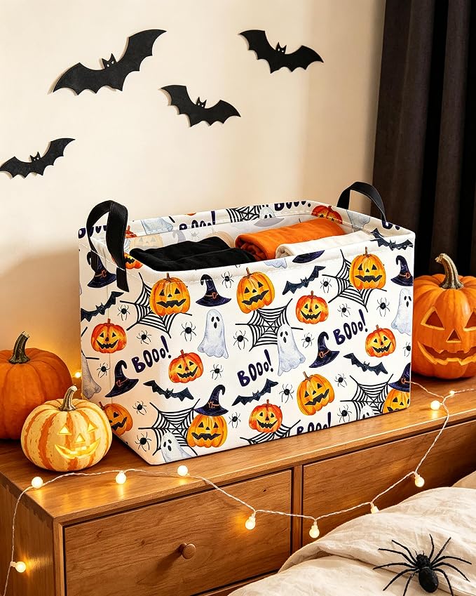 Essme Rectangular Halloween Basket,Ghost Storage Bins Organizer with Handles for Room Decor, Gift Basket.(Watercolor Halloween)