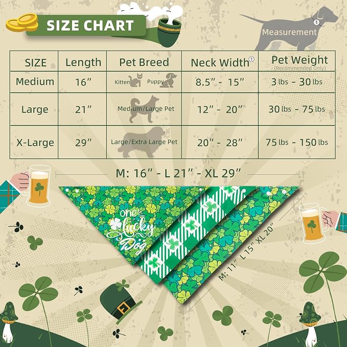 St Patricks Day Dog Bandanas Plaid Shamrock 3 Leaves - Pet Scarf with Adjustable Snap Button Cute Lucky Holiday Costumes for Irish Festivals, Large & Giant Breeds (75lbs+)
