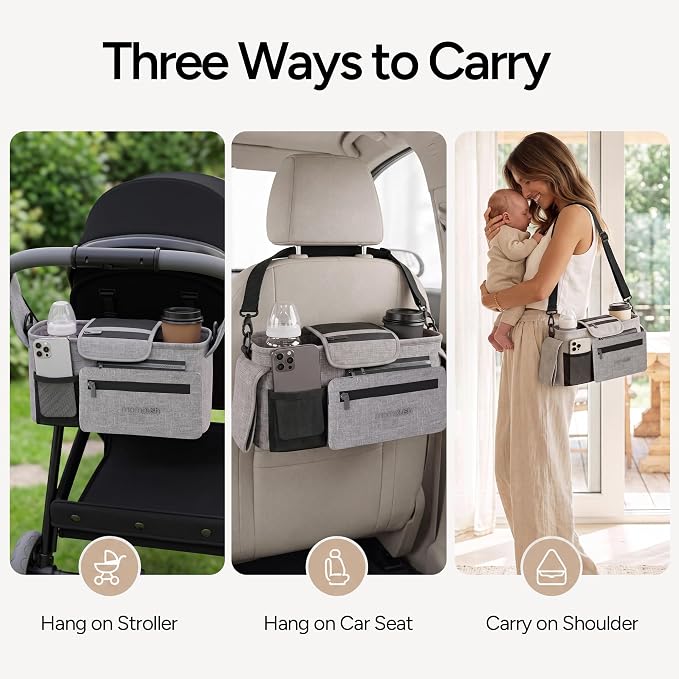 Mompush Universal Stroller Organizer Caddy with Insulated Cup Holder | Large storage capacity, multiple pockets, detachable zippered pouch, secure Velcro straps, universal stroller fit