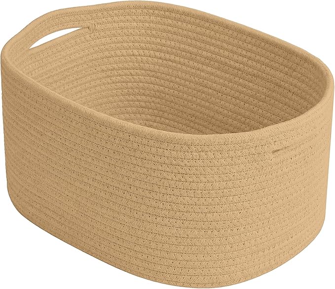 ECDYQXVU 15x10x9 Inch Woven Cotton Rope Storage Basket, 1 Pack | Foldable Design, Built-in Handles, Space-saving Organizer for Living Room, Bedroom, Laundry, Shelves, Clothes, Towels