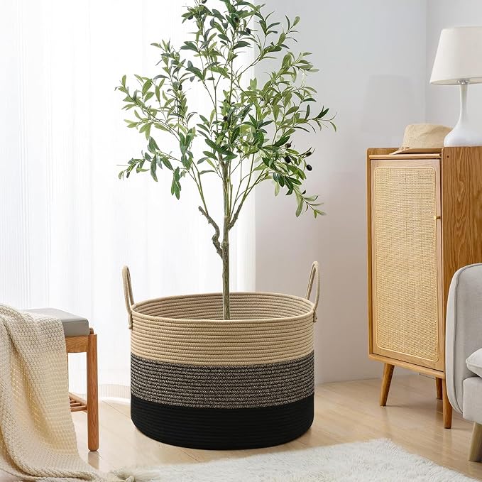 67L Large Woven Blanket Basket, Cotton Rope Baby Laundry Hamper with Handles, Kids Toy Basket for Classroom & Nursery, Soft Round Stuffed Animal Storage, Dog Toy Bin - 20"x13", Black & Brown