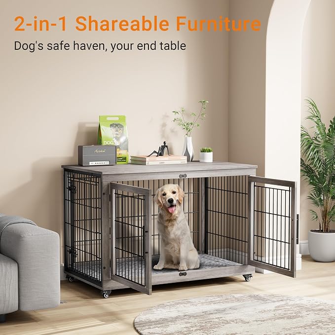 44'' Decorative Large Dog Crates Furniture w/Cushion & Wheels Wood Kennel | Grey, Double Doors, Wooden Dog Cage, Chew-Resistant, End Table, Decorative, 27"/32"/38"/44" Options, Indoor