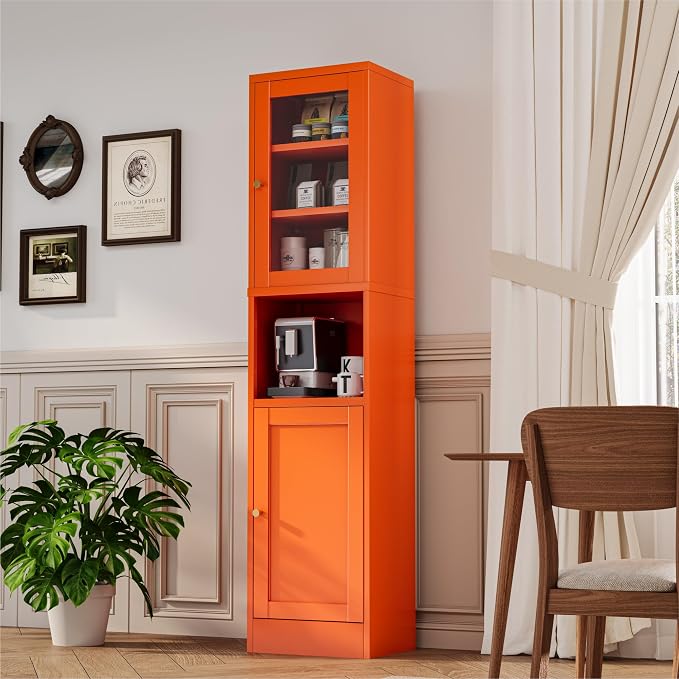 YAUWOH 2-Door Metal Storage Cabinet, Tall Slim Pantry Organizer with 3 Adjustable Shelves (120LBS/Shelf), Anti-Tipping Waterproof Cabinet for Bathroom/Kitchen/Home Office/Small Spaces,(1PC,Orange)