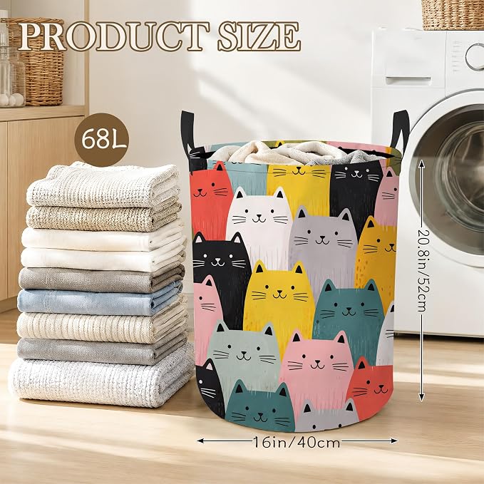 Cute Cat Laundry Hamper, Colorful Cat Laundry Baskets, Waterproof Oxford Cloth for Room/Bathroom/Bedroom/Dormitories 16x20.8 Inch