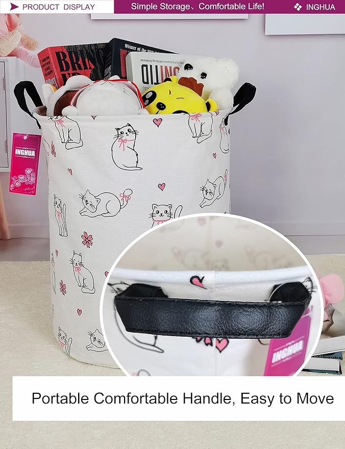 Laundry Hamper Large Canvas Fabric Storage Basket Love cat | Organizer Bin Dirty Clothes Collapsible Waterproof for College Dorms, Boys and Girls Bedroom,Bathroom