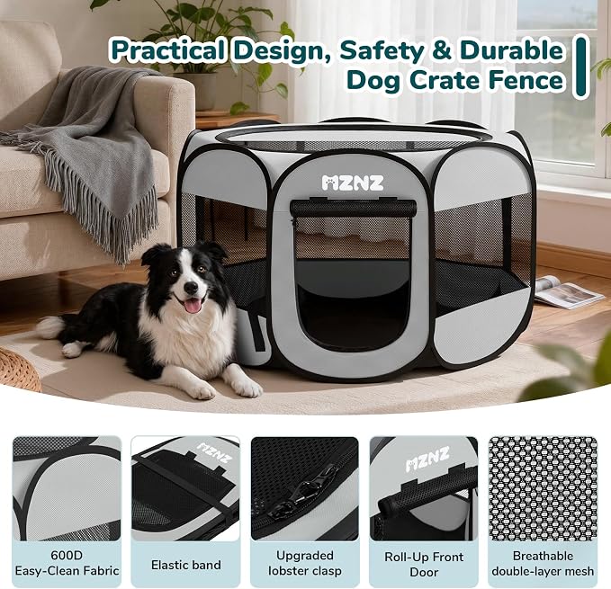 Dog Cat Small Animal Puppy Playpen Crate, Large, Whole Grey | Portable Pop Up Pet Cage Enclosure Tent Kennel Indoor Outdoor with Carrying Case, No Assembly, Camping Use
