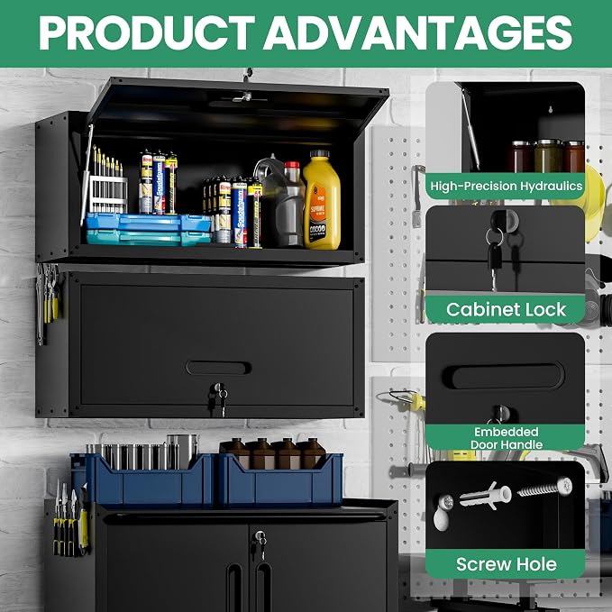 Metal Wall Cabinet,Wall Mounted Garage Cabinets with Lockable Up-Flip Door,Black Hanging Storage Cabinet 130 lbs Capacity,Floating Cabinet for Tool Organization in Basement,Workshop,Kitchen