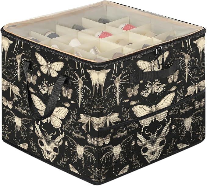 TropicalLife Gothic Skull Moth Butterfly Shoe Organizer for Closet | Foldable Shoe Storage Organizer Box Bin with Adjustable Dividers and Clear Cover, Fits up to 16-32 Pairs