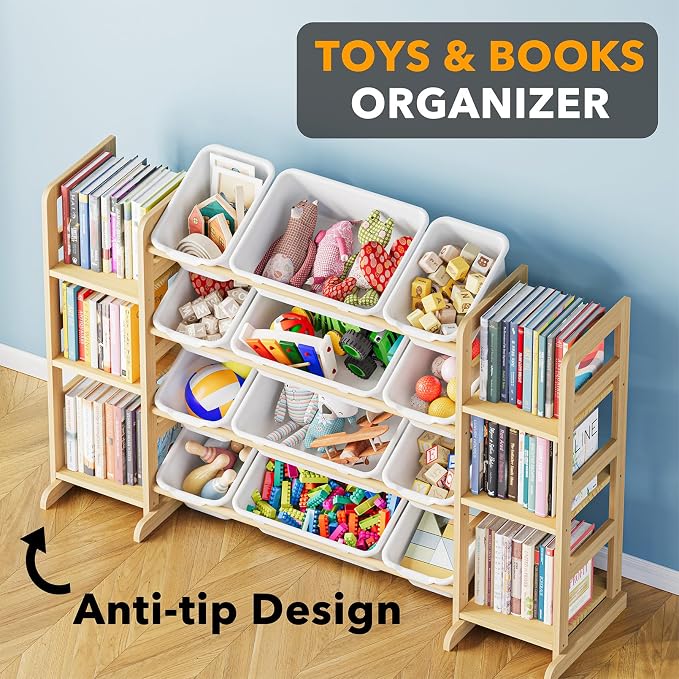 SpaceAid Toy Storage Organizer with 6 Shelves and 12 Bins, Bookshelf/Bookcase, Kids Bin Shelf, Toys Box for Playroom Organization for Bedroom & Room Decor, White, 52.3" W