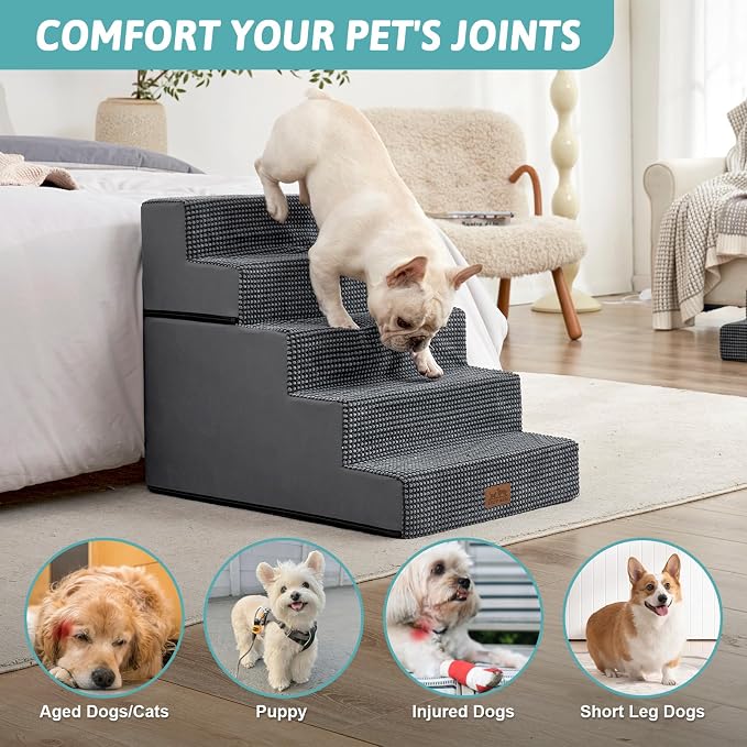 COZY KISS Dog Stairs for Small Dogs, 5 Step Pet Stairs for Beds & Couches | 23.6" H Wide Non-Slip Dog Steps with Removable Tiers & Support Board for Puppies, Older Cats & Dogs, Dark Grey
