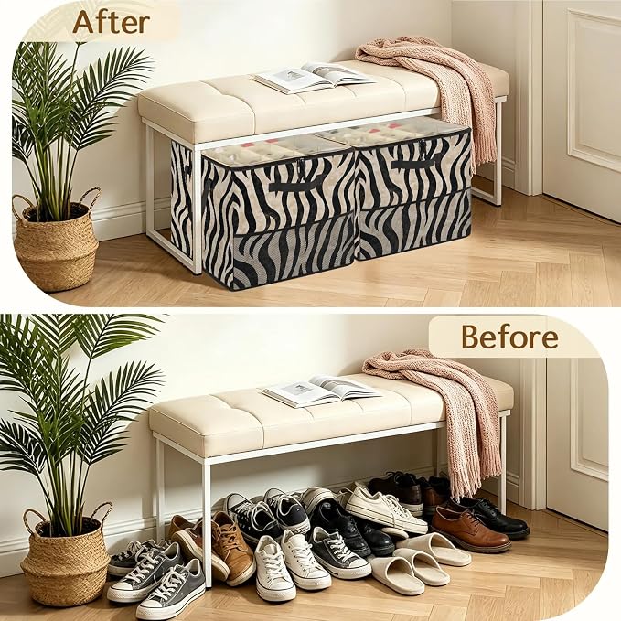 TropicalLife Zebra Print Shoe Organizer for Closet | Animal Skin Foldable Shoe Storage Organizer Box Bin with Adjustable Dividers and Clear Cover, Fits up to 16-32 Pairs