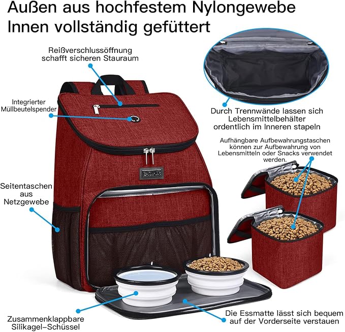 BAGLHER丨Dog Travel Bag, Airline Approved Pet Supplies Backpack, Dog Travel Backpack with 2 Silicone Collapsible Bowls and 2 Food Baskets