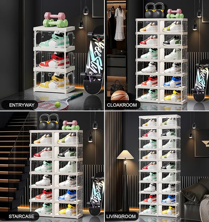 CIMLORD 6-Tier Foldable Shoe Rack Organizer, Magnetic Doors,12 Pairs,White | Collapsible Plastic Shoe Cabinet, 4-Sided Clear Doors, Stackable, Fits High Shoes&Sneakers, Easy Assembly, Closet, Cloakroom