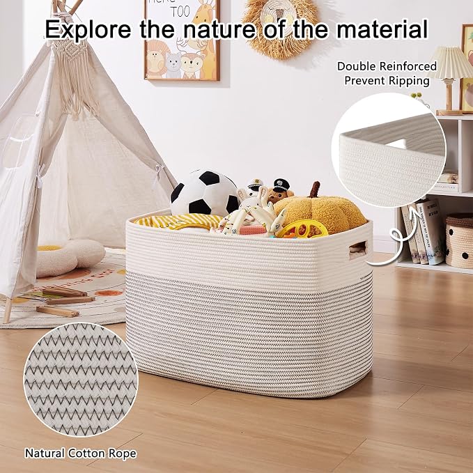 OIAHOMY 108L Extra Large Blanket Basket Dog Toy Basket Black/White | Rectangle Woven Baskets for Storage Cotton Rope Basket For Living Room Toy Storage Blanket Storage Laundry Basket