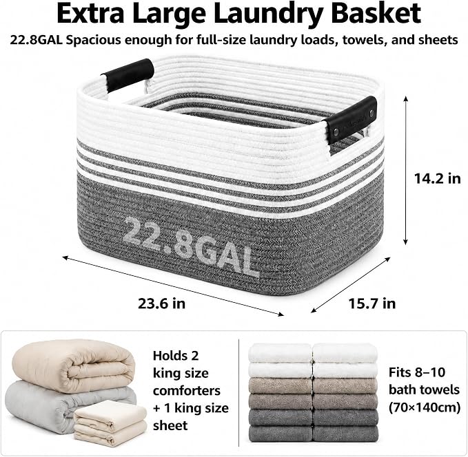 22.8GAL Xl Extra Large Laundry Basket for Bathroom, Dorm Dirty Clothes, Sturdy Portable Aesthetic Boho Cute Woven Storage Shoes Blanket Baskets for Living Room Decor Girls Boys Pets Toys Mix Black