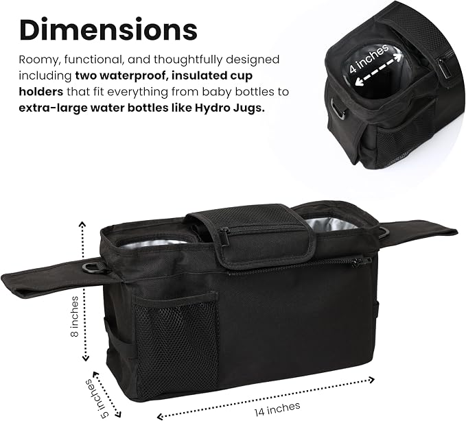 Universal Stroller Organizer with Insulated Cup Holders | Detachable Phone/Wipe Pouch & Shoulder Strap Stroller Caddy | Spacious, Fits Jogger, Umbrella, Travel & Pet Strollers