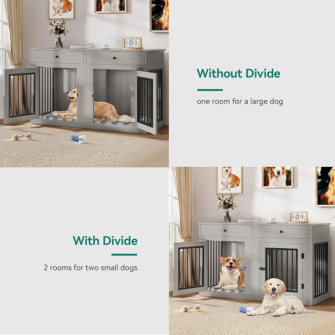 YITAHOME 60" Dog Crate Furniture with Removable Divider & Storage Drawers | Double Door Kennel with Locks for Medium and Large Dogs, Multi-Functional Dog Crate End Table, Grey