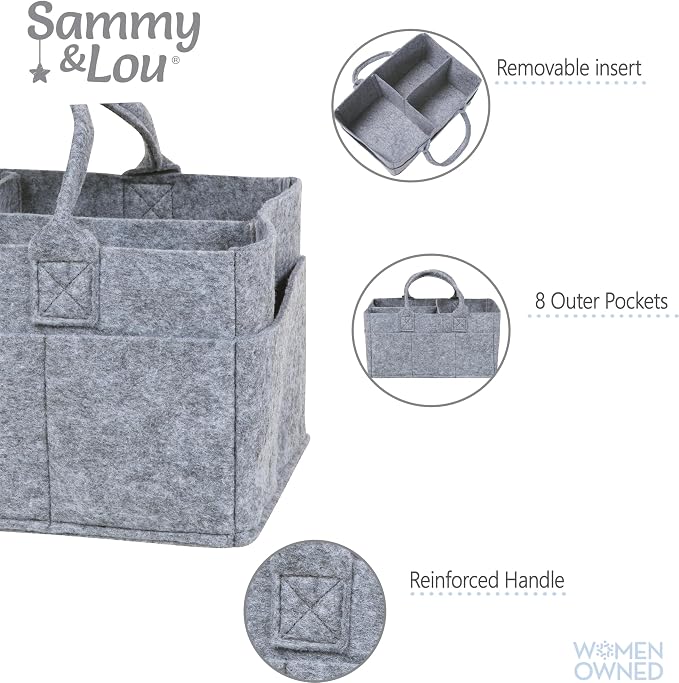 Sammy & Lou Collapsible Light Gray Felt Storage Caddy, Divided Design To Keep Diapers, Wipes And Changing Items Organized, Two Handles, 11.5"D x 6"W x 8"H