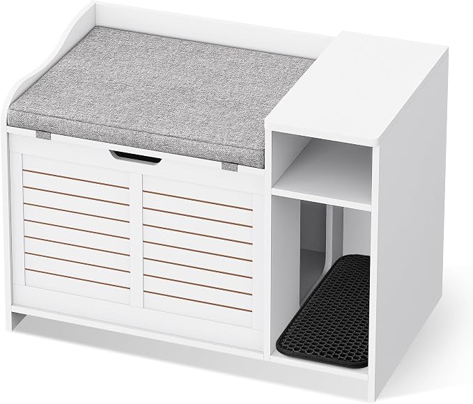 Cat Litter Box Enclosures Large Hidden Cat Litter Box Furniture Enclosure w/Top Opening Door, Wooden End Table Pet House w/Storage Shelf, Cushion & Mat, Dog Proof Design for Easy Cleaning