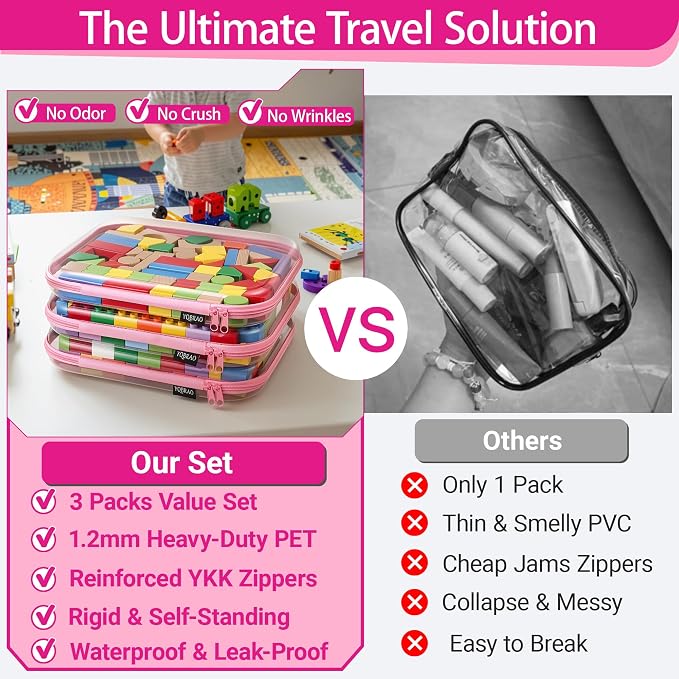 YQBRAO Clear Hard Shell Zipper Cases, 3 Large Travel Organizers, Pink | Rigid 1.2 mm PET and YKK dual zippers for full-size toiletries, makeup palettes, electronics and craft supplies