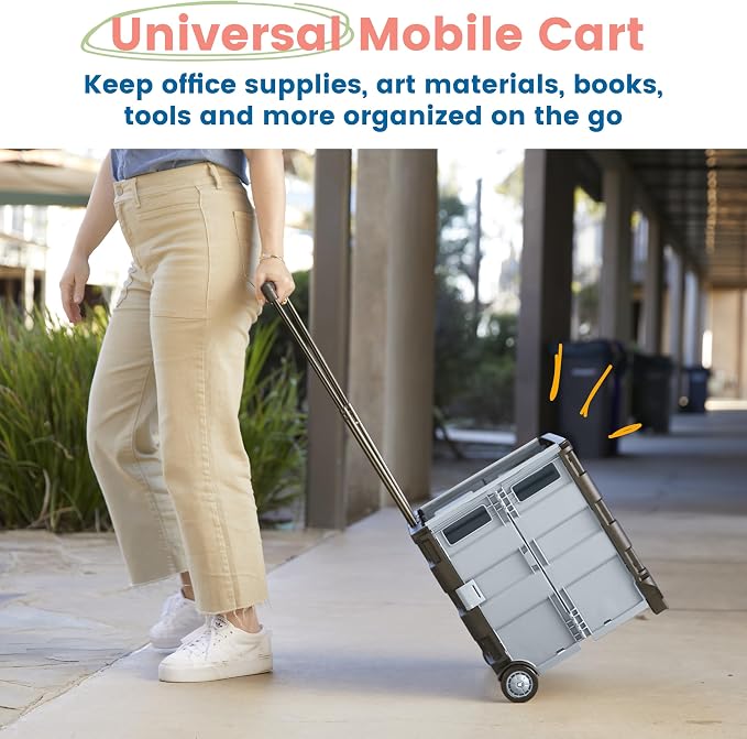 ECR4Kids Universal Collapsible Rolling Utility Storage Cart, Black | Durable plastic, adjustable handle, 40 lb capacity, collapses to 3" thick for storage, rolling wheels for easy transport