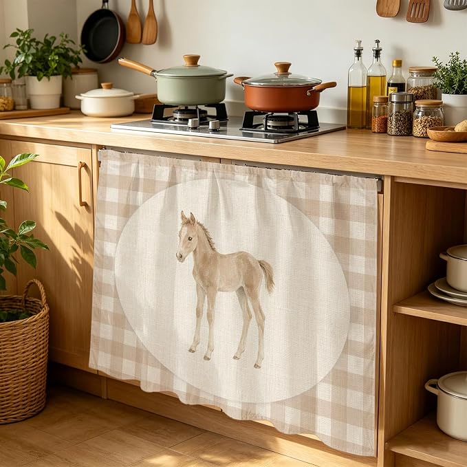 Graceful Pony Cabinet Dishwasher Hidden Curtains, Privacy Closet Door Curtain, Retro Natural Horse Farmhouse Plaid Rustic Adhesive Dust Proof Under Sink Skirt for Bathroom Kitchen 35"x35"