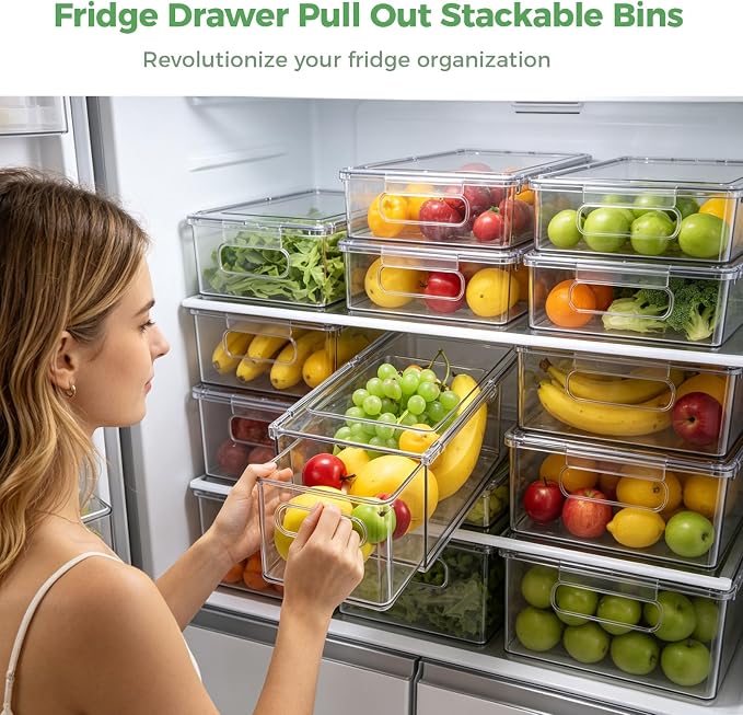 2 Pack Fridge Drawer Pull Out Stackable Bins, 13.4 x 5 x 4.3 in | 3.2 qt Clear Refrigerator Stackable Organizers and Storage Bins, Food-Safe PET Plastic Food Containers for Kitchen Pantry