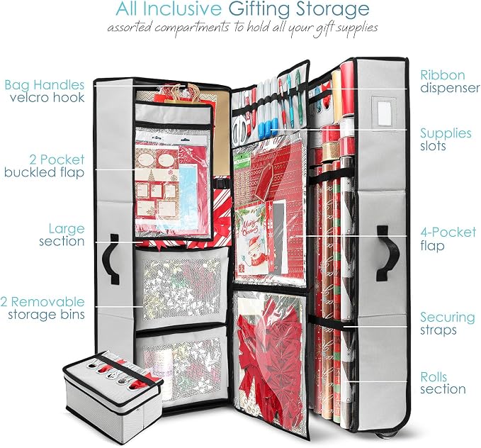 Hearth & Harbor Wrapping Paper Storage Container with Ribbon Dispenser and Interior Pockets - Large Christmas Storage Containers with Wheels, Fits 30 Rolls of 40" Length, Silver