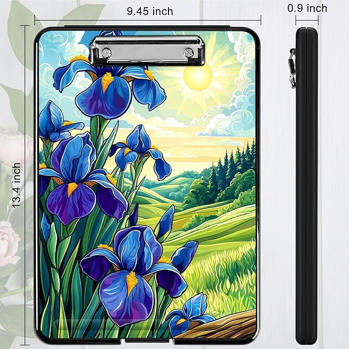 Heavy Duty Storage Clipboard, Slim Nursing Clipboard with Internal Pen Case, Portable File Organizer Case for A4 Letter Size Paper Office Medical Professionals, Blue Flower Lawn