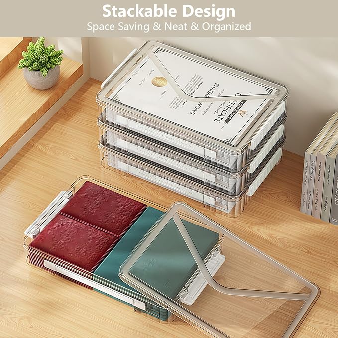 SAYEEC Clear File Storage Box Portable Project Case with Handle Plastic Storage Container with Lid Stackable Flat Storage Bin Document Magazine Protector Organizer for A4 Paper Photo Craft Scrapbook