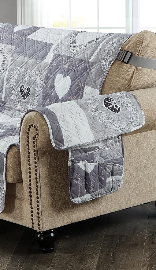 Brilliant Sunshine Grey Heartlove Couch Armrest Cover, 35"×13" | Washable Magazine Holder, Armrest Organizer & Caddy on Sofa, Recliner, Armchair, Storage for Remote Controls, Phone, iPad