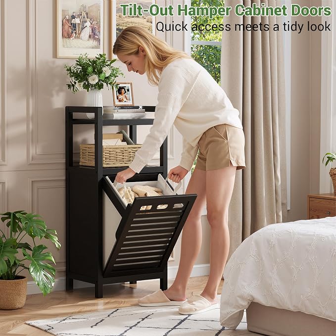 Homykic Tilt Out Laundry Hamper Cabinet, 10 Gal Bamboo Laundry Organizer | Wooden Laundry Basket with Removable Bag, Hidden Hamper with Shelf for Clothes, Bathroom, Laundry Room, Space Saving, Black