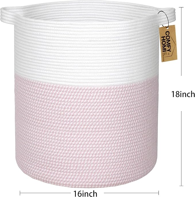 COMFY-HOMI XXL Large Laundry Basket with Handles Blanket Baskets Living Room|Woven Cotton Rope Decorative Basket Laundry Hamper Baby Basket Nursery Dog Toy Storage Organizer Bin-16”x18”-White/Pink