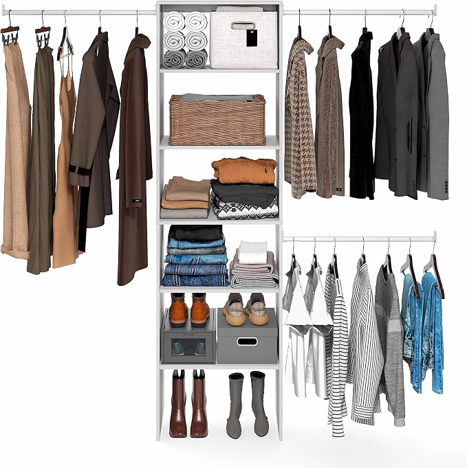 Furinno FANO Closet Organizers and Storage, 5-Tier Wide Closet Storage Organizer with 3 Hanging Bars and Adjustable Shelf, Wardrobe Closet Shelf Tower, 14.8 x 23.6 x 82.1 for Bedroom, White