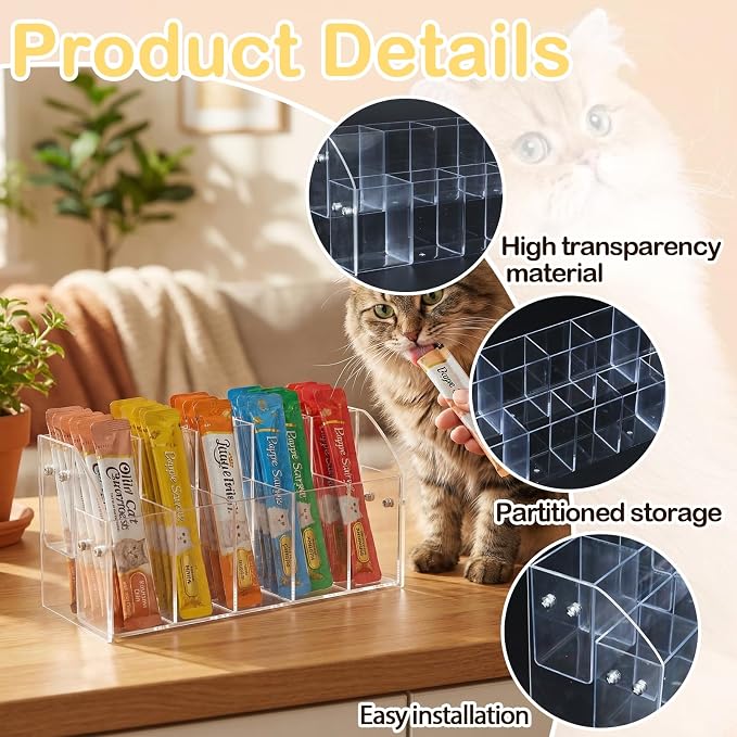 Cat Treat Holder Organizer, 2 Tier 10 Compartment Clear Acrylic Storage Rack for Lickable Wet Treats, Countertop Display Stand for Pet Tubes and Squeeze Up Pouches