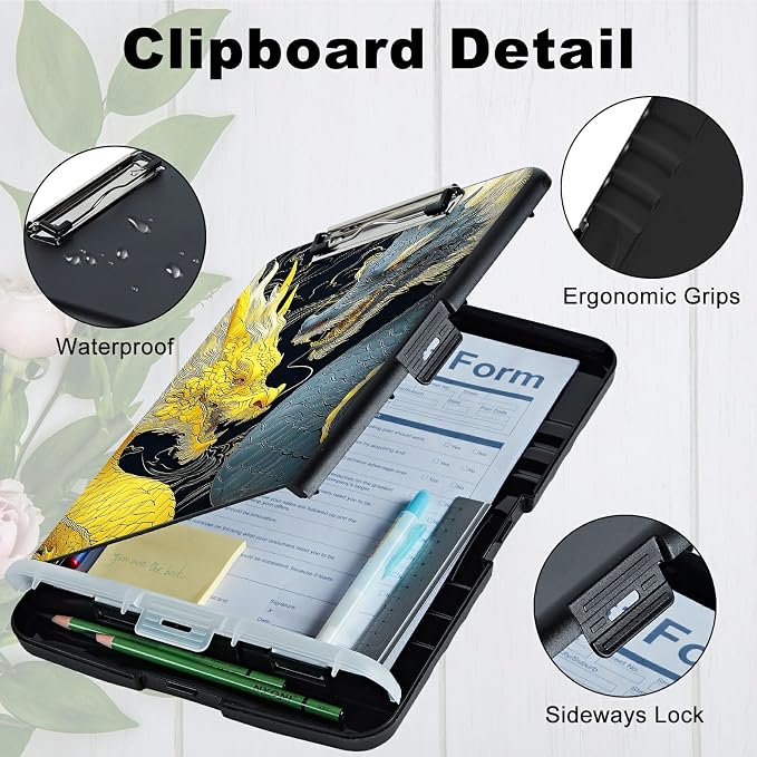 A4 Clipboard with Storage Pen Holder, Clipboards Organizer Nursing Clipboard Foldable File Folder Plastic Clipboard Folio Clip Board for Office Work Classroom Doctor, Gray-Yellow Dragon