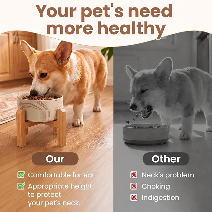 hjn Elevated Ceramic Dog Bowl with Bamboo Stand, Raised Pet Feeding Station for Small Medium Dogs Cats, Modern Design with Anti-Slip Base (Marble Brown, 3.6Cup)