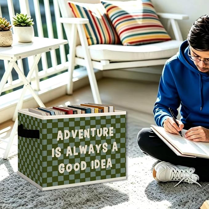 Adventure Classroom Nursery Cube Storage Bins with Handles, Green Checkered Kids Playroom Collapsible Fabric Storage Basket Boxes Books Clothes Organizer for Kids Boys Bedroom Bathroom