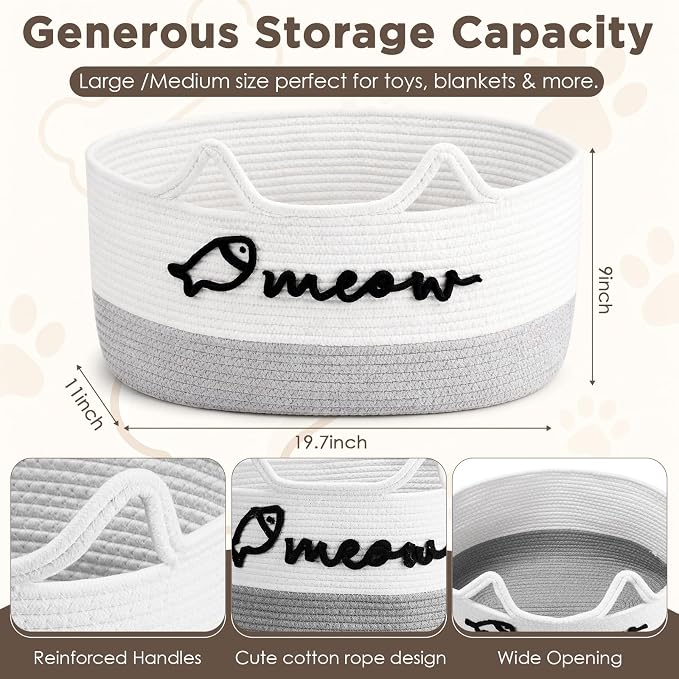 Cat Toy Basket with Cat Ear Handles, 19.5 x 11 x 9 in Woven Cats Toy Bin, Large Two-tone Cotton Rope Storage Box, Meow Words Organizer for Toys, Blankets, Home Decor (White, Gray)