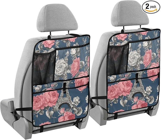 2 Pack Back Seat Car Organizer with Storage Pockets Kick Mats Back Seat Protector Hanging Car Organizer Automotive Seat Back Cover Organizers Blue French Eiffel Tower and Roses