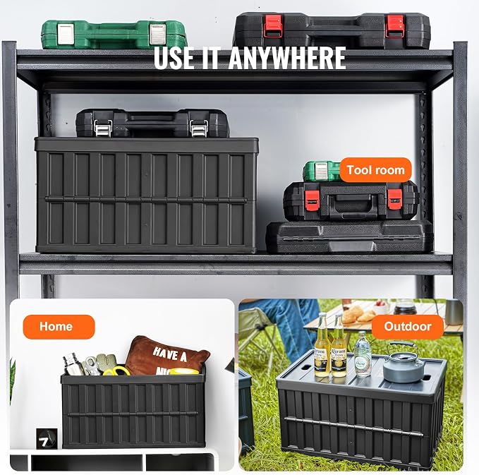 VEVOR 65L Collapsible Storage Bins with Lids 3 Packs, Stackable Crates | For Organizing Tools, Books, Food, Drinks, Camping&Transport, Large Heavy Duty Folding Containers with Handles, PP Material