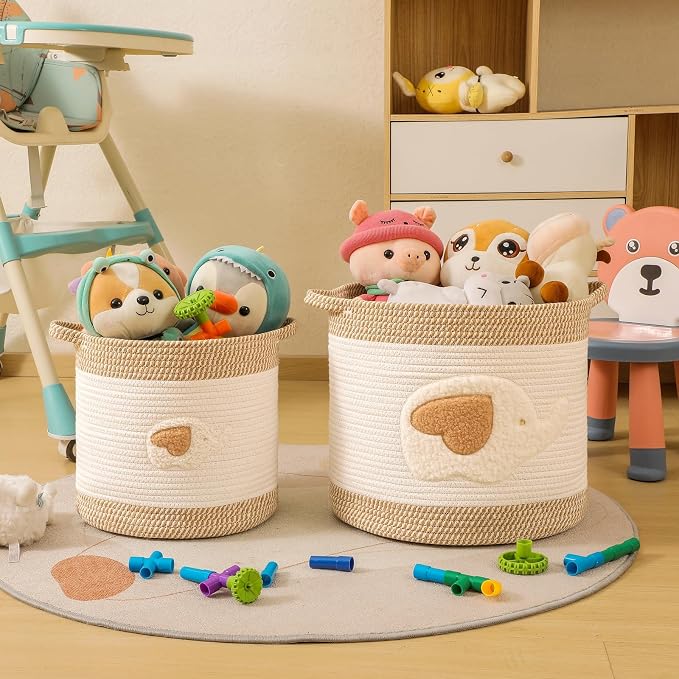 Large Blanket Baskets for Living Room Decor, Toy Storage Baskets 14" x 14" Woven Cotton Rope Storage Basket for Kids, Dog Toys Organizer Clothes Hamper with Embroidery for Nursery Laundry, Elephant