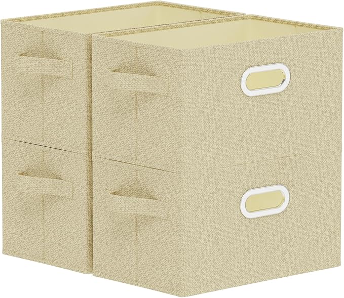 Storage Bins with Metal Grips,Grey and Beige,13x9.1x7.9in,4 Pack | Fabric Storage Baskets with Soft Cloth Handles,Thick PP Panel Wardrobe Containers,Wipeable Open Boxes for Closet Shelves